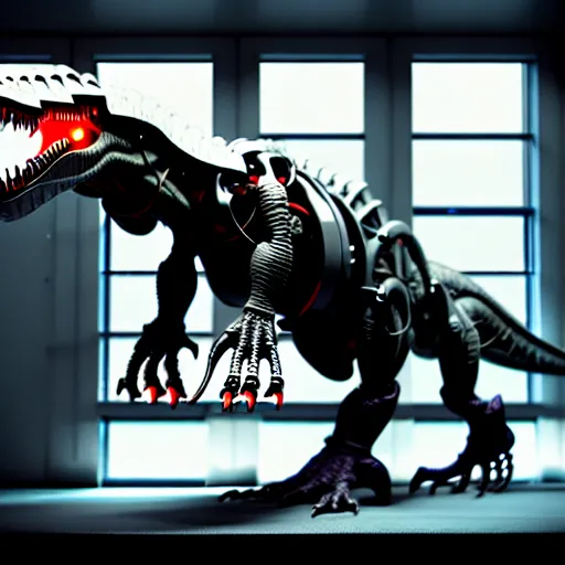 Prompt: a full illustration of a cyborg t-rex in a lab, it has only 2 legs and 2 long arms, octane render, 3D, cryengine