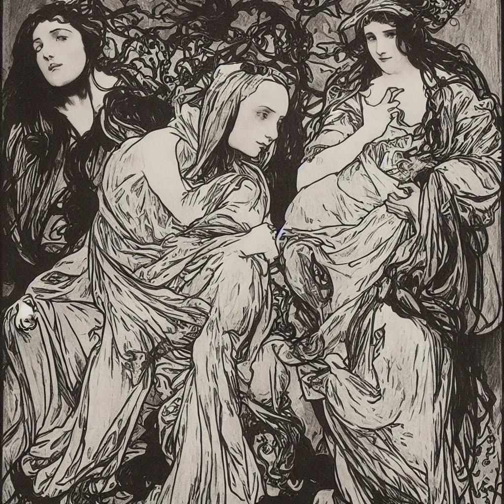 Image similar to monochromatic engraving by alphonse mucha and gustave klint