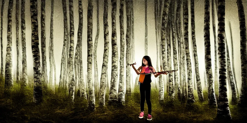 Image similar to young girl playing flute in the middle of a birch forest during a storm at night, lightning dragons race down toward her, low angle facing sky, cinematic, dramatic lighting, high contrast