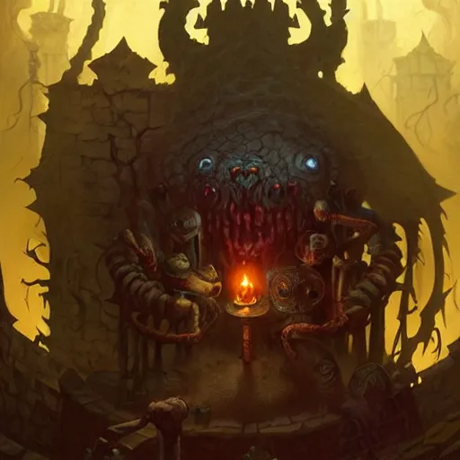 Image similar to xanathar the beholder in a dungeon, d & d, fantasy, greg rutkowski, frank frazetta, alexandre chaudret, boris vallejo, michael whelan, miro petrov, hr giger, magali villeneuve, donato giancola