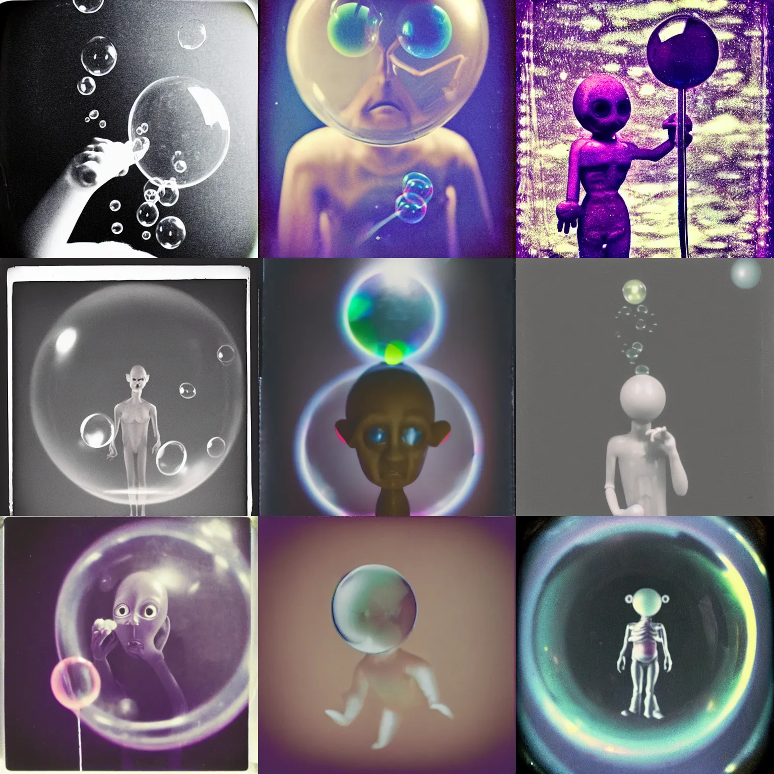 Prompt: a humanoid gray alien creature blowing bubbles. bulbous head extraterrestrial with big eyes. bubble blow toy hoop. eerie, real, creepy, grainy photo, polaroid, colourful, nostalgic memory