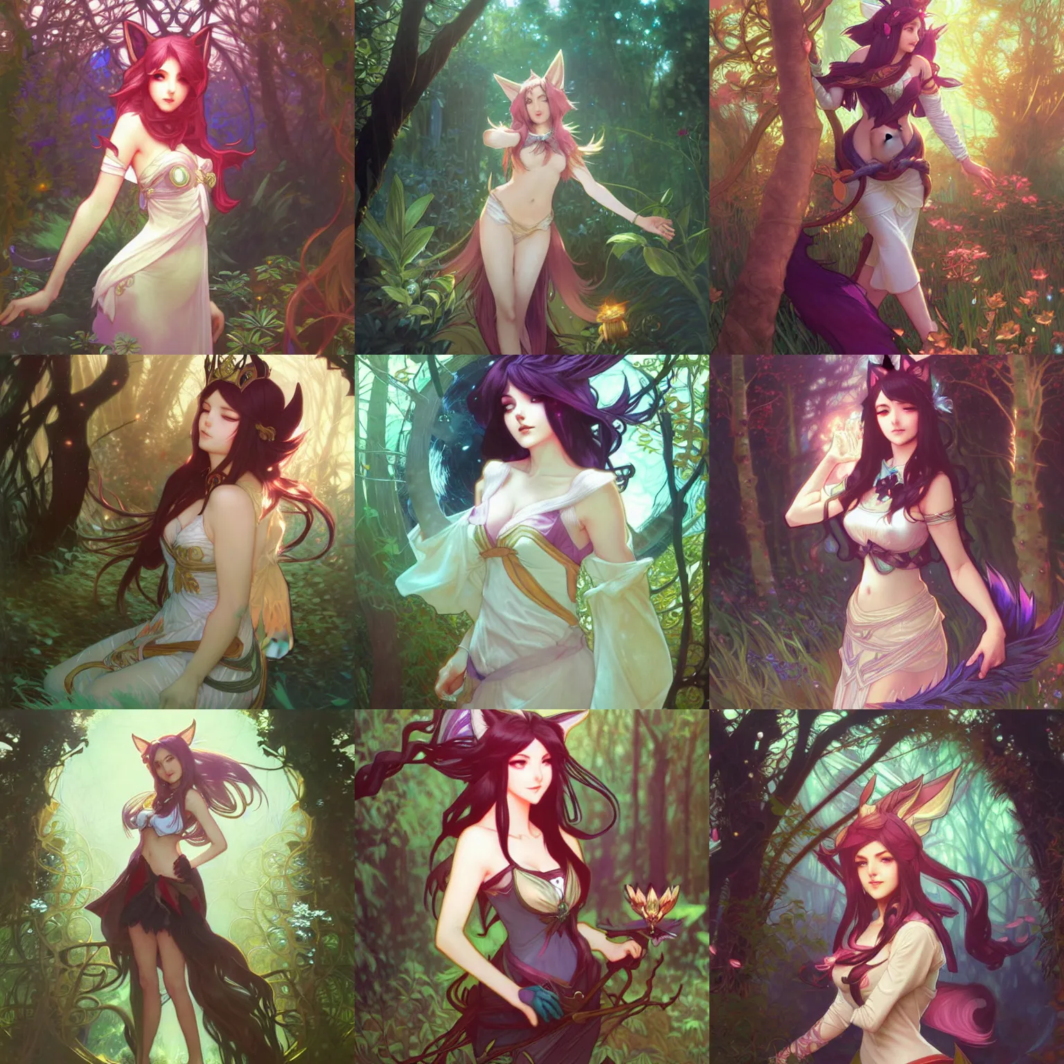 Prompt: ahri from league of legends in an enchanted forest, intricate illustration by krenz cushart, alphonse mucha, artgerm, trending on artstation