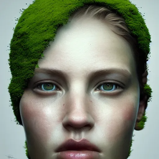 Image similar to photo realistic image of a person made of moss, stunning 3 d render inspired art by istvan sandorfi and greg rutkowski, perfect facial symmetry, realistic, highly detailed attributes and atmosphere, dim volumetric cinematic lighting,