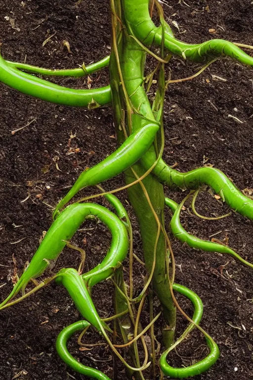 Prompt: a carnivorous plant with a long vine and the head of a alligator, vicious snapping alligator plant, side view of a plant showing roots stem and bud, plant photograph showing roots underground