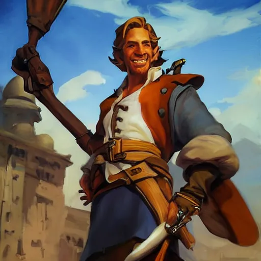 Image similar to greg manchess portrait painting of partially armored pirate captain guybrush threepwood as overwatch character, medium shot, asymmetrical, profile picture, organic painting, sunny day, matte painting, bold shapes, hard edges, street art, trending on artstation, by huang guangjian, gil elvgren, ruan jia, greg rutkowski, gaston bussiere