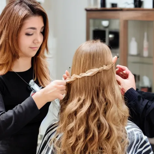 Prompt: handsome man with shiny and silky long hair gets hair styled by the hair queen, luxurious, cannon lens