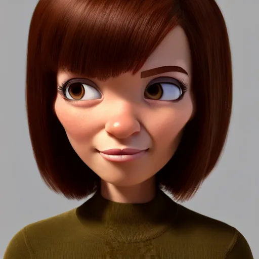 Prompt: A portrait of a woman, a cute 3d cgi toon woman with brown hair in a Bob, brown eyes, full face, olive skin, romanian heritage, medium shot, mid-shot, hyperdetailed, 8k, trending on artstation, as a Pixar character