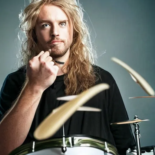 Image similar to photograph of a blonde man with a short goatee and long hair plays an 8 piece rock drum set, dramatic lighting,