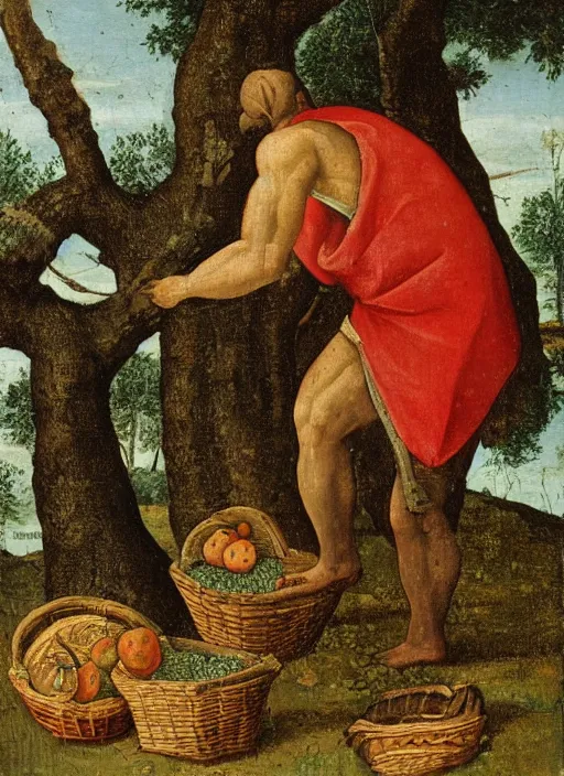 Image similar to a 1 6 th century oil painting of a medieval peasant picking fruit from a tree, holding a basket. high quality scan