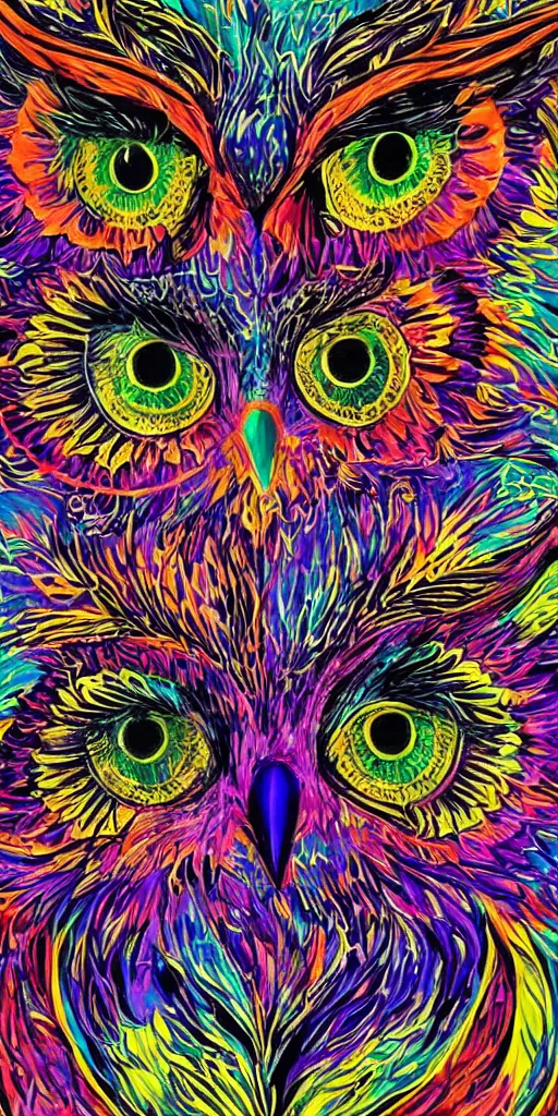 Prompt: 70’s psychedelic poster owl Louis Wain colorful dichroic