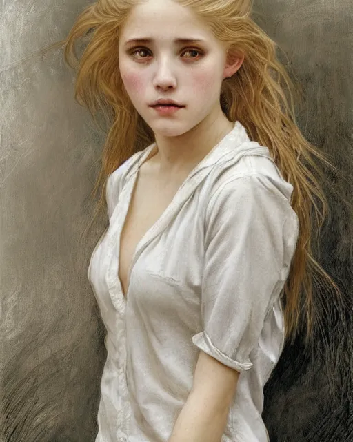 Image similar to portrait of 1 6 - year - old woman with dirty blonde hair down to her waist, pale eyebrows and protuberant silver eyes, wearing white shirt, hyper realistic face, beautiful eyes, fantasy art, in the style of greg rutkowski, intricate, alphonse mucha, hyper detailed, smooth