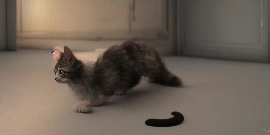 Prompt: kitten, horror, dark cinematic, volumetric, realistic, 3d render, Realistic Render, Cinematic lighting, Volumetric lighting, atmospheric, cinematic, unreal engine, unreal engine render, octane render, HD, photorealism, hyper realistic, photo, 8K, in the style of Chris Cunnigham, by Wes Anderson