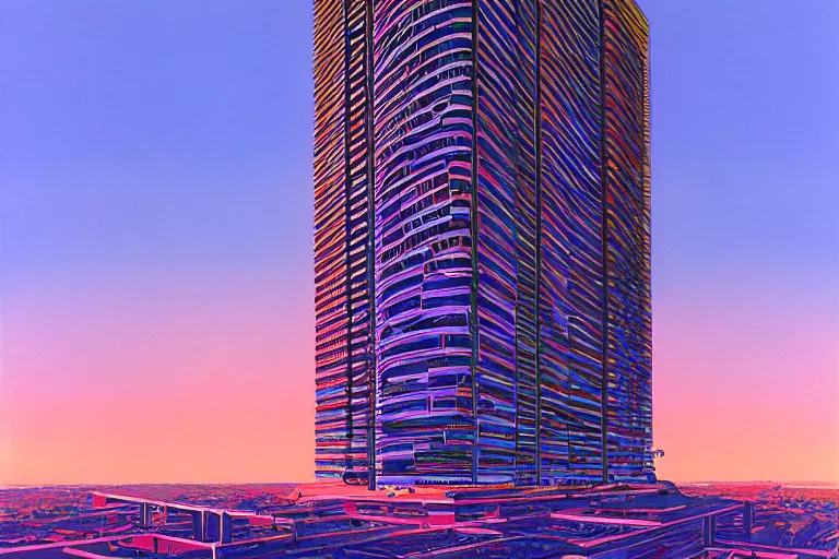 Prompt: detailed concept art of a dmt skyscraper in a fantastic landscape against a colorful sky, by syd mead