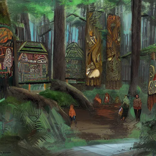 Prompt: maori tlingit forest bazaar, science fiction concept art