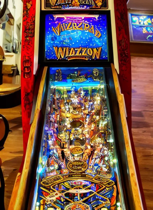 Prompt: a complex fancy wooden pinball machine that has fancy artwork inside with lights and pinball bumpers, wizard themed, front-view