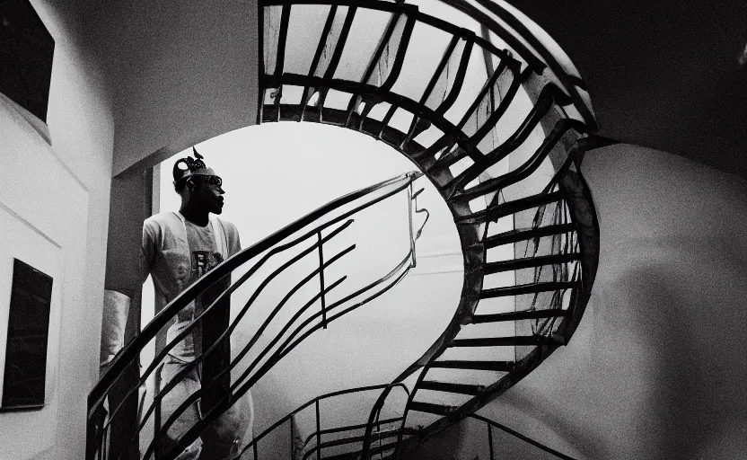 Image similar to zoomed out photo of frank ocean walking up a spiral staircase in the centre of the room, greyscale,