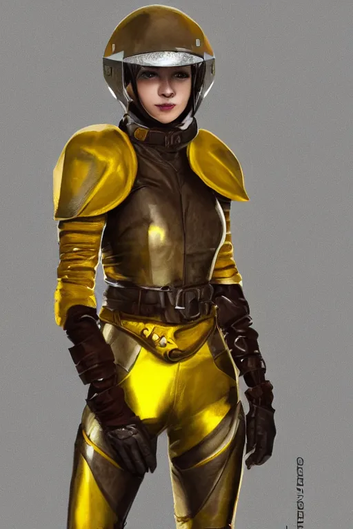 Image similar to female adventurer in tight full - body canary yellow gambeson leather armor of italian design with diamond pattern and brown leather accents and a closed armet helmet with visor down, trending in artstation, establishing shot