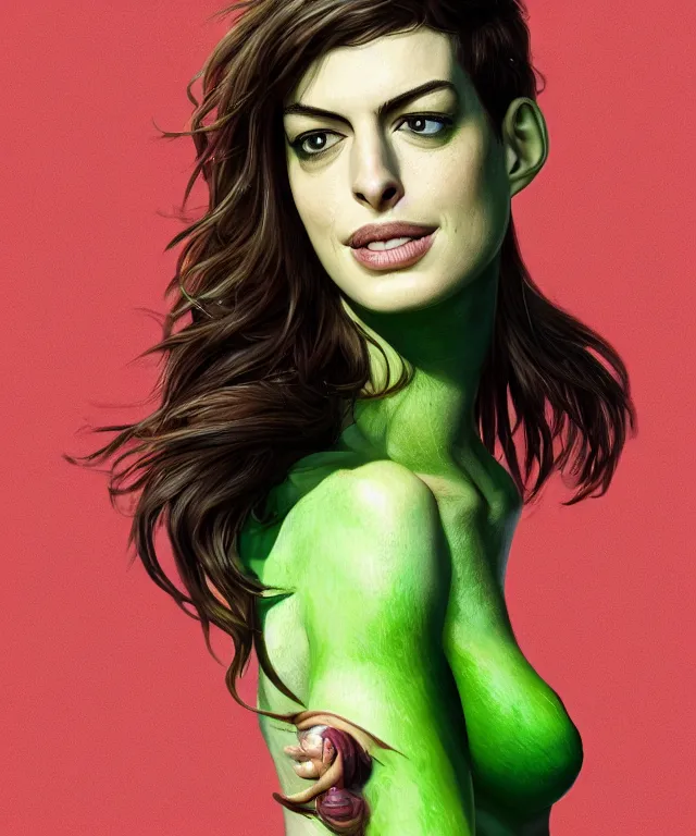 Image similar to anne hathaway as shehulk, au naturel, hyper detailed, digital art, trending in artstation, cinematic lighting, studio quality, smooth render, unreal engine 5 rendered, octane rendered