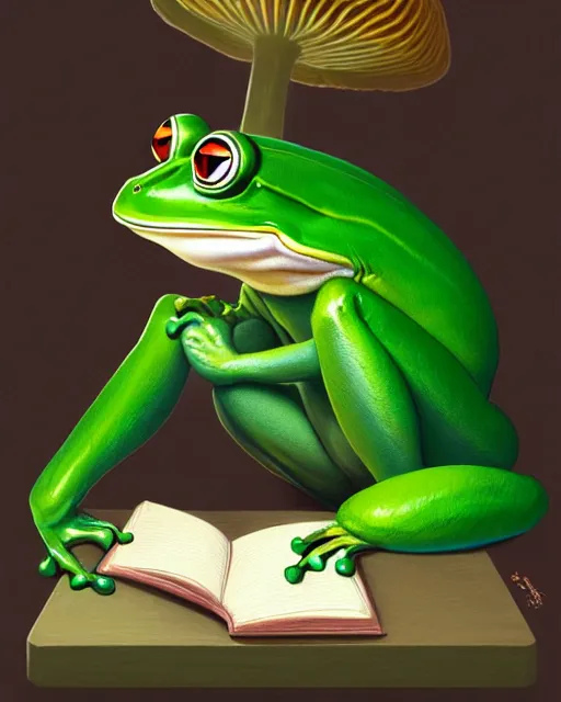 Image similar to anthropomorphic art of an elegant green frog, dressed as dendy, at the mushroom table, reading a book, by artgerm, victo ngai, ryohei hase, artstation, highly detailed digital painting, smooth, global illumination, fantasy art by greg rutkowsky, karl spitzweg, leyendecker