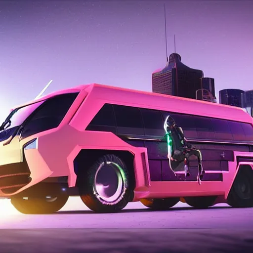 Image similar to cyberpunk alien concept of the a - team van, futuristic look, highly detailed body, very powerful, photorealistic camera shot, crisp quality and light reflections, unreal engine 5 quality render