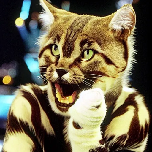 Image similar to 📷 john partridge playing rum tum tugger, spike collar, fluffy neck, cats the musical 🎶, 1 9 9 8 version, professional cat - like makeup, stunning choreography and lighting