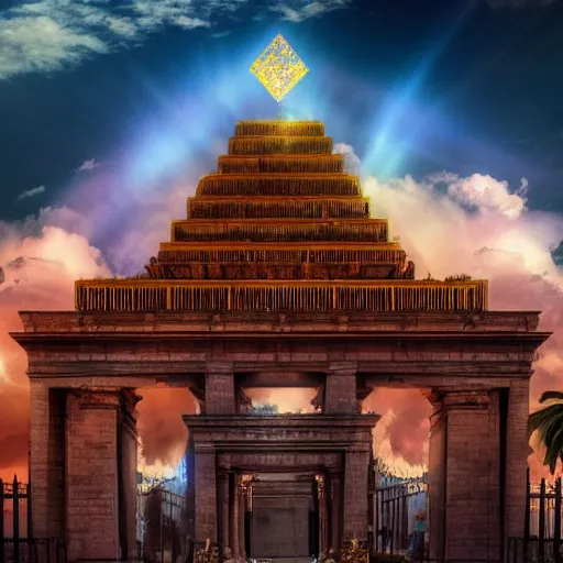 Image similar to l a long path to the gates of heaven with glowing clouds, illuminated background with streets made of gold & architecture made of crystal, photrealism, 4 k.