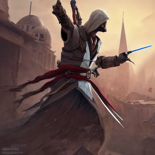 Prompt: assassins creed crossover with star wars, au naturel, hyper detailed, digital art, trending in artstation, cinematic lighting, studio quality, smooth render, unreal engine 5 rendered, octane rendered, art style by klimt and nixeu and ian sprigger and wlop and krenz cushart