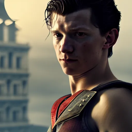 Prompt: a close - up shot of the body and head of tom holland in assassins creed, fine detailed face, long hair, stunning 3 d render inspired art by greg rutkowski and xiang duan and thomas eakes, realistic, highly detailed attributes and atmosphere, dim volumetric cinematic lighting, 8 k octane detailed render, post - processing, masterpiece,