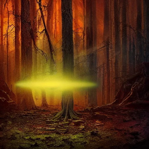 Image similar to chiaroscuro oil on canvas hdr flambient cinematic matte painting of a strange sci-fi fantasy magical industrial alien technology time travel device rotting in a dreamlike forest