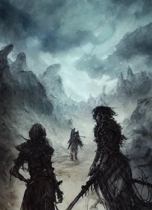 Image similar to portrait, Nomadic warriors wandering the wasteland of purgatory, watercolor, dramatic lighting, cinematic, establishing shot, extremely high detail, foto realistic, cinematic lighting, pen and ink, intricate line drawings, by Yoshitaka Amano, Ruan Jia, Kentaro Miura, Artgerm, post processed, concept art, artstation, matte painting, style by eddie mendoza, raphael lacoste, alex ross