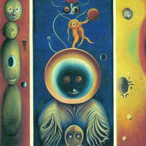 Image similar to a new small cute creature from space cosmic multiple eyes a bit weird cosmic with an intriguing wonderful machine beside him, tarot card, beautiful frames, Leonora Carrington moebius Hieronymus Bosch Max Ernst dali Zdzisaw Beksiñski Roland Topor Henryk Plociennik
