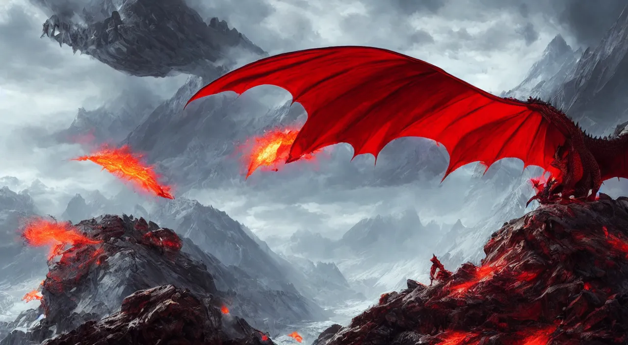 Prompt: the red dragon breathes fire in the distance of the dark icy mountains, digital art, hyper-real, trending on artstation, Greg Rutkowski