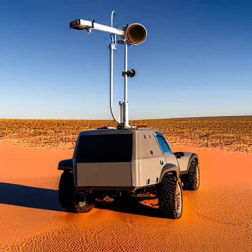 Image similar to peaceful mobile biomimetic rugged anemometer station sensor antenna on all terrain tank wheels, for monitoring the australian desert, XF IQ4, 150MP, 50mm, F1.4, ISO 200, 1/160s, dawn