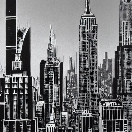 Prompt: new york skyline 1 9 7 0 s scifi art