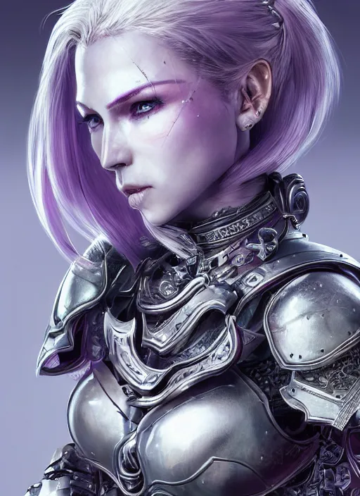 Prompt: close up portrait of a pale woman in bionic armor with purple ponytail hair, elegant, stoic, intense, sylvanas, ultrafine hyperdetailed illustration by kim jung gi, irakli nadar, intricate linework, sharp focus, octopath traveler, yoji shinkawa, highly rendered, global illumination, radiant light, detailed, intricate environment