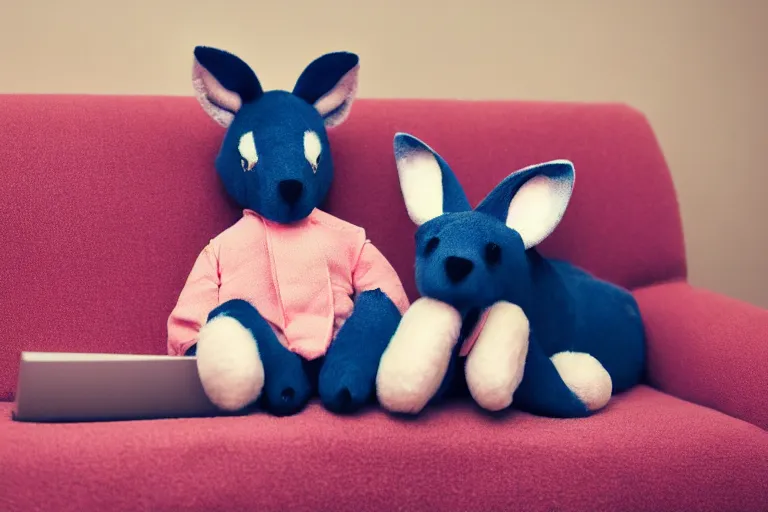 Image similar to a high quality 3 5 mm photo of a pink chubby stuffed animal kangaroo, wearing a dark blue shirt, large ears, pointy nose, on a couch, trending on artstation, sharp focus, kids toy