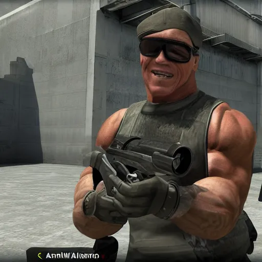 Image similar to a screenshot of arnold schwarzenegger in cs : go, full body shot