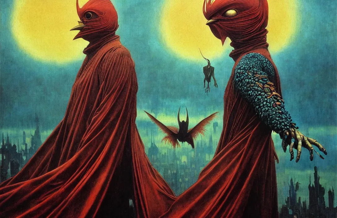 Image similar to realistic detailed portrait movie shot of a birdman wearing a dark robes, sci fi city landscape background by denis villeneuve, amano, yves tanguy, alphonse mucha, ernst haeckel, max ernst, roger dean, masterpiece, rich moody colours, dog teeth, blue eyes, sunrise