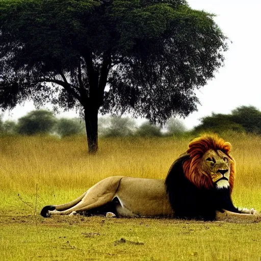 Prompt: a large lion laying on top of a grass covered field, a picture by simon gaon, instagram contest winner, naturalism, majestic, handsome, associated press photo
