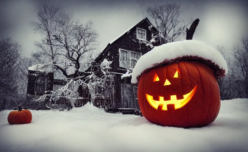 Image similar to “snowy halloween, HD photograph, award winning”