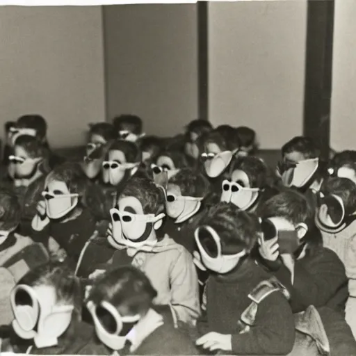 Prompt: children wearing gas masks huddled in a classroom watching a bright flash outside the window. burned 35mm photo