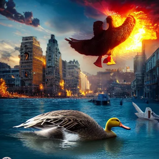 Image similar to An ultra realistic photo of a giant duck destroying a city, award winning, 8k, ultra detailed