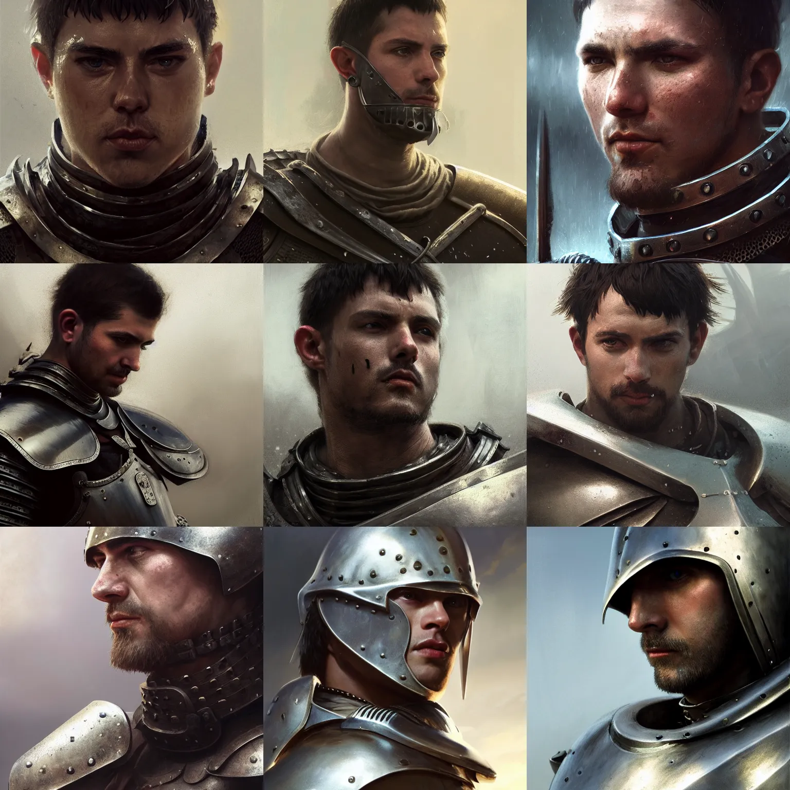 Prompt: low angle medium close up of male medieval warrior with silver cuirass, short dark hair, dirty face, realistic cinematic lighting, fantasy, photorealistic, reflections, greg rutkowski, wlop, yuumei, artgerm, tom bagshaw, wadim kashin, ilya kuvshinov, andrei markin, pixiv, artstation