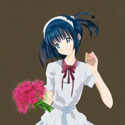 Image similar to anime girl holds a bouquet,