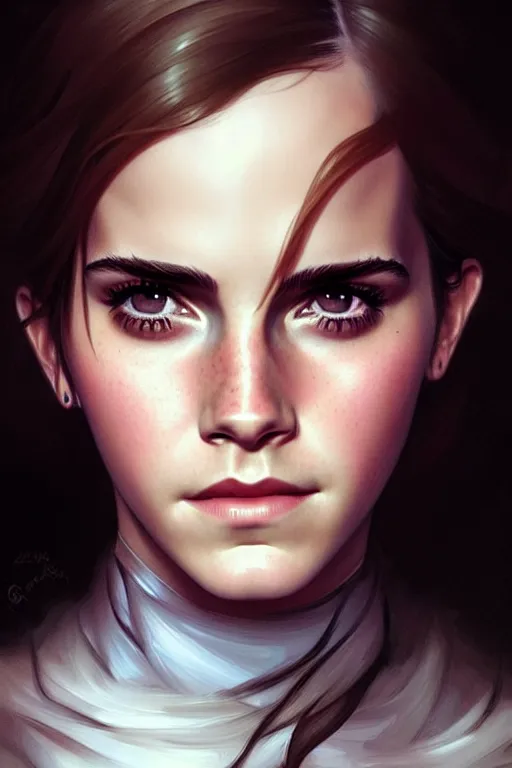 Prompt: Close-up portrait of Emma Watson, dark fantasy, portrait, highly detailed, digital painting, artstation, concept art, sharp focus, illustration, art by artgerm and greg rutkowski and alphonse mucha