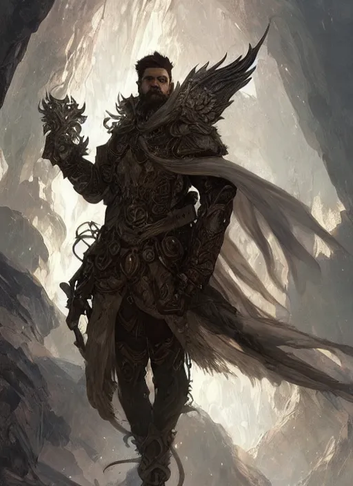 Image similar to Male Aasimar Paladin with shaggy silver hair, brown scruffy beard, energy wings, epic, striking, fantasy, intricate, elegant, highly detailed, digital painting, artstation, concept art, smooth, sharp focus, illustration, art by Krenz Cushart and Artem Demura and alphonse mucha