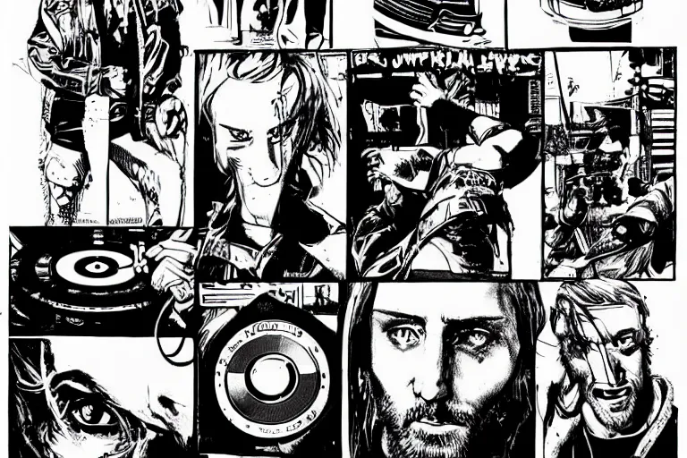 Image similar to david guetta djing with a turntable, a page from cyberpunk 2 0 2 0, style of paolo parente, style of mike jackson, adam smasher, johnny silverhand, 1 9 9 0 s comic book style, white background, ink drawing, black and white