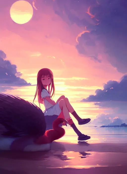 Image similar to portrait of cute girl hugging a swan, sunset sky in background, beach landscape, illustration concept art anime key visual trending pixiv fanbox by wlop and greg rutkowski and makoto shinkai and studio ghibli and kyoto animation, futuristic wheelchair, symmetrical facial features, future clothing, backlit