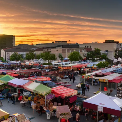 Image similar to film still, establishing shot of bustling farmers market, golden hour, high angle