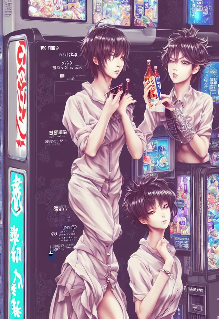 Image similar to two beautiful full body portrait anime females with short hair, fashion model bodies, standing in front of a vending machine in downtown Tokyo, drinking soda, D&D, fantasy, intricate, elegant, highly detailed, digital painting, artstation, concept art, smooth, sharp focus, illustration, art by artgerm and KyuYong Eom and WLOP and Krenz Cushart and greg rutkowski and alphonse mucha